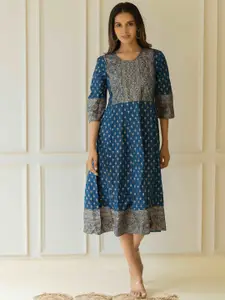 KALINI Floral Printed Round Neck Cotton Fit & Flare Midi Ethnic Dress