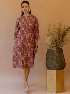 KALINI Floral Printed Kantha Work Mandarin Collar Cotton A-line Kurta