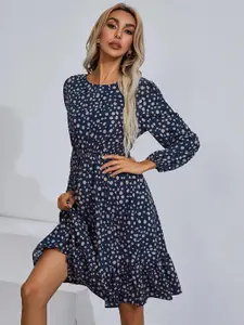 Kotty Polka Dots Printed Puff Sleeve Gathered or Pleated Crepe Fit & Flare Dress