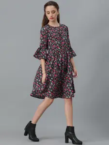 Kotty Floral Printed Bell Sleeve Gathered or Pleated Crepe A-Line Dress