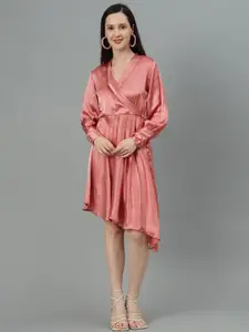 Kotty Cuffed Sleeves Pleated Satin Wrap Dress