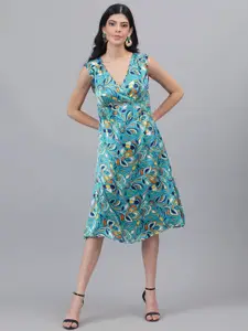 Kotty Floral Printed V-Neck Satin Midi Wrap Dress