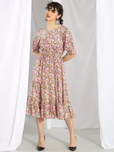 Kotty Pink Floral Printed Flared Sleeves Fit & Flare Midi Dress