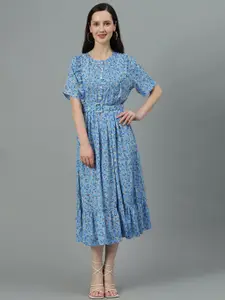 Kotty Blue Floral Printed Fit & Flare Midi Dress