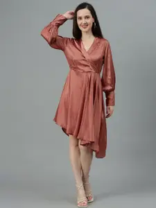 Kotty V-Neck Cuffed Sleeves Satin Wrap Dress