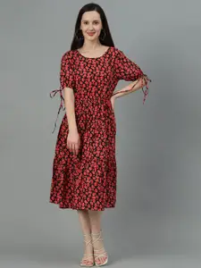 Kotty Red Floral Printed A-Line Midi Dress