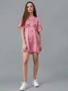 Kotty Red bstract Printed Flared Sleeves Satin A-Line Mini Dress