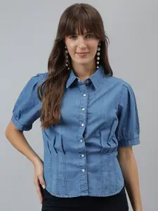 Latin Quarters Women Solid Pleated Spread Collar Casual Shirt