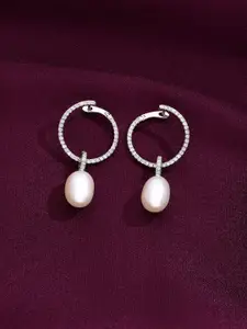 KAI JEWEL 92.5 Sterling Silver Rhodium-Plated Pearls Beaded Studded Hoops Earrings