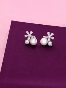 KAI JEWEL Rhodium-Plated Sterling Silver Stone Studded & Beaded Studs Earrings