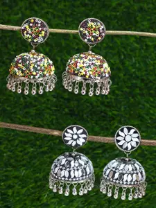 PRIVIU Set of 2 Silver-Plated Alloy Dome Shaped Artificial Stones & Beads Jhumkas