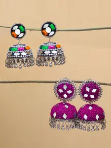 PRIVIU Set of 2 Silver-Plated Alloy Dome Shaped Artificial Stones and Beads Jhumkas