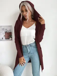 KPOP Women Hooded Ribbed Longline Cardigan Sweater