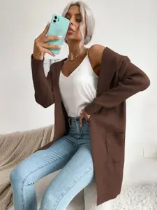 KPOP Women Hooded Solid Longline Cardigan Sweater