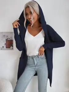 KPOP Women Hooded Ribbed Longline Cardigan Sweater