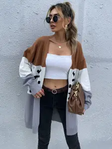 KPOP Women Colourblocked Longline Cardigan Sweater