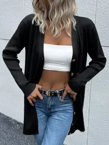 KPOP Women Solid Ribbed Longline Cardigan Sweater