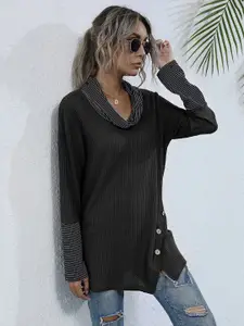 KPOP Women Striped Cowl Neck Cable Knit Pullover Sweater