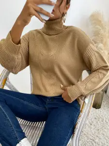 KPOP Women Turtle Neck Solid Cable Knit Longline Pullover Sweater