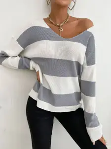 KPOP Women V-Neck Colourblocked Pullover Sweater