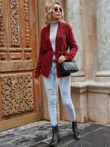 KPOP Women Solid Cardigan Sweater With Waist Tie-Up Belt