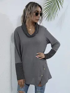 KPOP Women Striped Cowl Neck Cable Knit Pullover Sweater