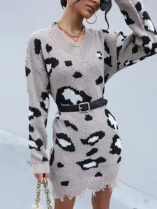 KPOP Women V-Neck Animal Skin Printed Longline Pullover Sweater
