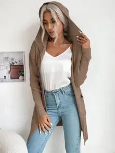 KPOP Women Hooded Solid Longline Cardigan Sweater