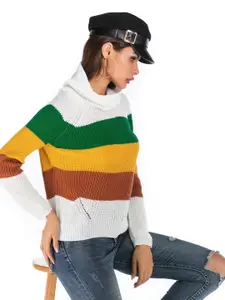 KPOP Women Turtle Neck Colourblocked Pullover Sweater
