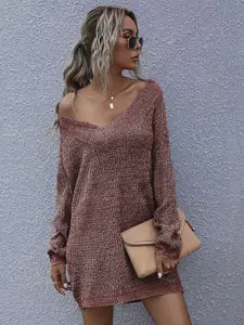 KPOP Women Speckled Longline V-Neck Pullover Sweater