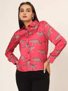 CHARMGAL Women Slim Fit Animal Printed Spread Collar Casual Shirt