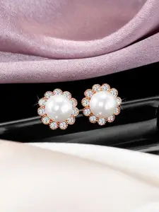 Peora Rose Gold-Plated Cubic Zirconia Studded & Pearl Beaded Floral Studs Earrings