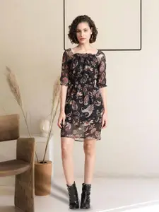 BAESD Women Square-Neck Ethnic Motif Pure Georgette A-Line Dress