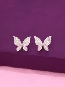 KAI JEWEL Rhodium-Plated 925 Sterling Silver CZ Stone Studded Floral Studs Earrings