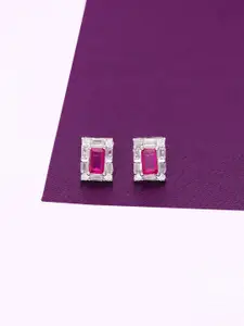 KAI JEWEL Rhodium-Plated 925 Sterling Silver CZ Stone Studded Rectangle Studs Earrings