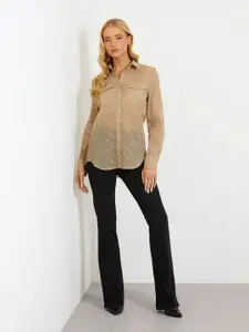 GUESS Women Solid Embroidered Spread Collar Pockets Casual Shirt