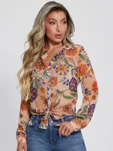 GUESS Women Floral Printed Tie Up Slim Fit Crop Casual Shirt