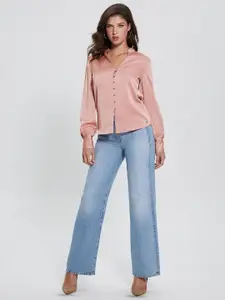 GUESS Women Solid Mandarin Collar Casual Shirt