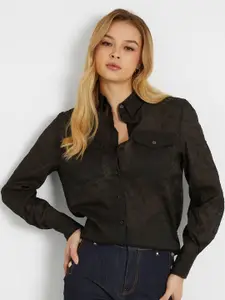GUESS Women Solid Embroidered Spread Collar Pockets Casual Shirt