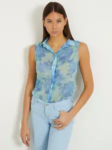 GUESS Women Floral Printed Spread Collar Sleeveless Casual Shirt