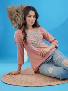 KALINI Embroidered Round Neck Patch Work Straight Kurti