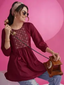 KALINI Embroidered Round Neck Mirror Work A-Line Kurti