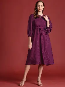 all about you Floral Print Embroidered Puff Sleeves A-Line Dress With Tie-Up Waist