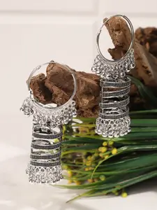 ANIKAS CREATION Silver-Plated Oxidised German Silver Contemporary Shaped Jhumkas Earrings