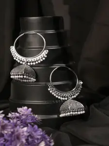 ANIKAS CREATION Silver-Plated Beaded Dome Shaped Jhumkas