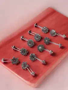 OOMPH Set Of 5 Floral Oxidised Ear Cuff Earrings