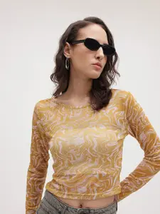 The Roadster Lifestyle Co. Abstract Print Semi-Sheer Crop Mesh Fitted Top