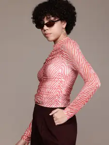 The Roadster Lifestyle Co.  Abstract Print Semi-Sheer Ruched Fitted Top