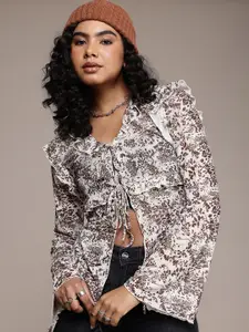 The Roadster Life Co. Abstract Print Bell Sleeve Ruffles Net Top