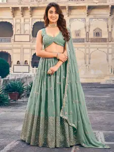 Fashion Basket Embroidered Mirror Work Semi-Stitched Lehenga & Unstitched Blouse & Dupatta